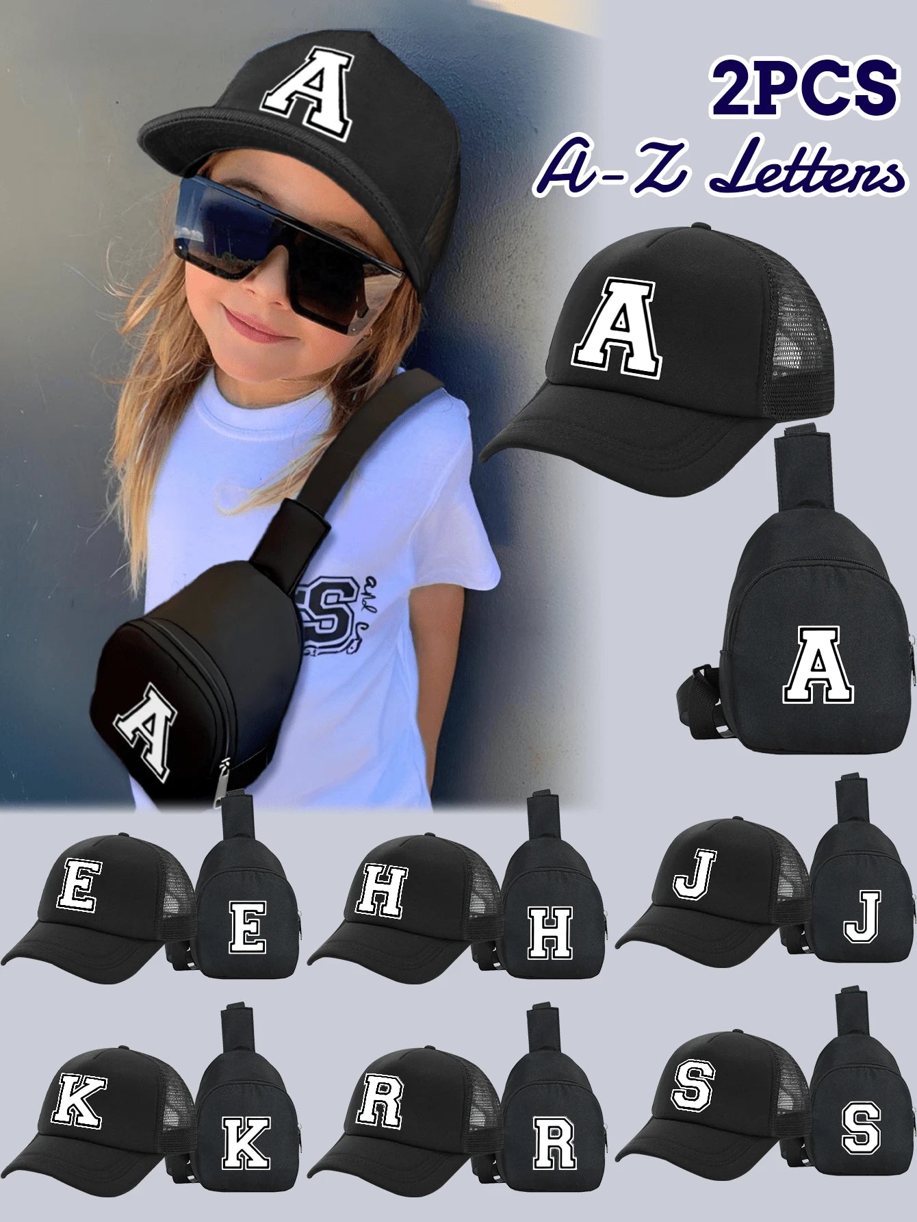 2pcs/Set Kids 26 Letters Printed Truck Driver Hat And Chest Bag Set