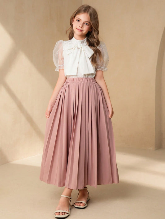 Tween Girl Sequin Mesh Puff Sleeve Blouse And Pleated Mini Skirt Set
