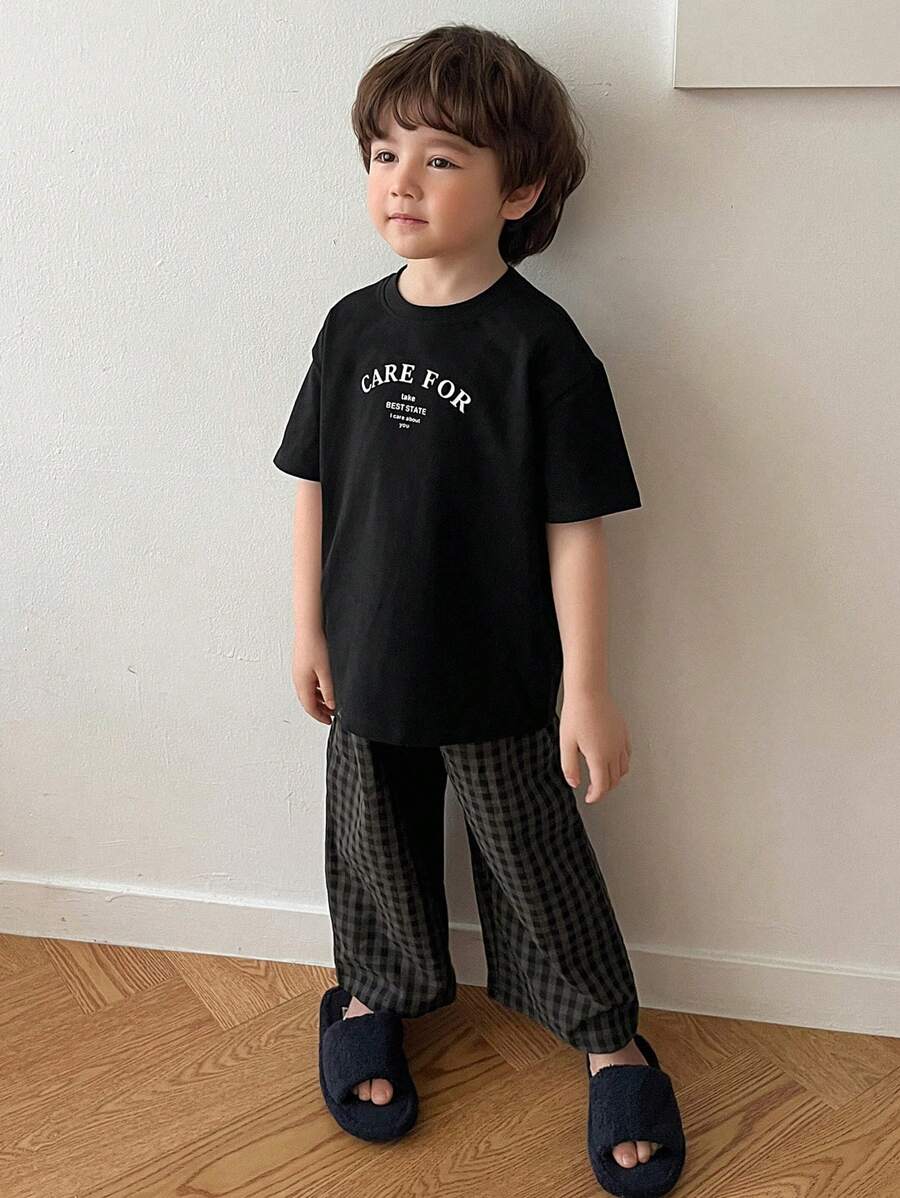 Toddler Boys Round Neck Letter Print Short Sleeve Knit T-Shirt & Woven Plaid Pants