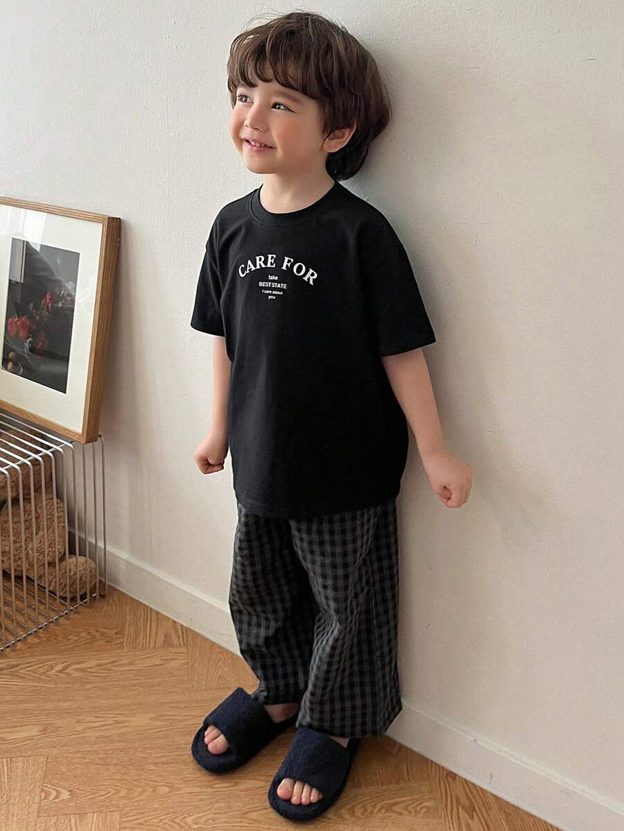 Toddler Boys Round Neck Letter Print Short Sleeve Knit T-Shirt & Woven Plaid Pants Black