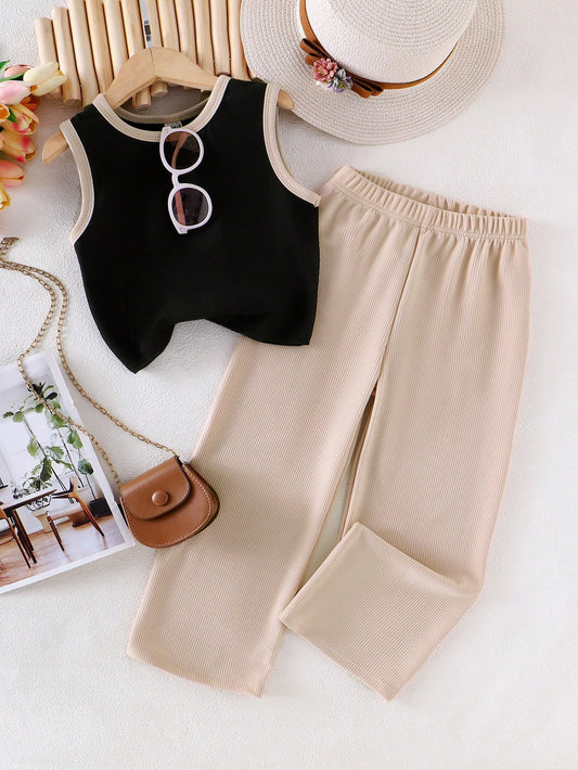 Mummy & Mee, 2pcs Young Girl Casual Knitted Beige Top/Tank And Khaki Pants, Children Daily Comfortable Summer Outfit Black 1