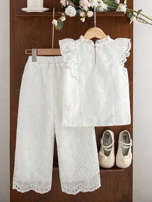 Mummy & Mee, Elladie kids Young Girl 2-Piece Set Simple Embroidered Fabric Blouse With Cap Sleeves & Ruffled Collar, Casual Straight-Leg Pants