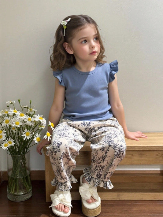 Mummy & Mee, Vintaside Kids 2pcs Girls Vintage Elegant Casual Cap Sleeve Top Tee + Floral Print Ruffled Hem Pants Fashion Set, For Summer Holiday Blue
