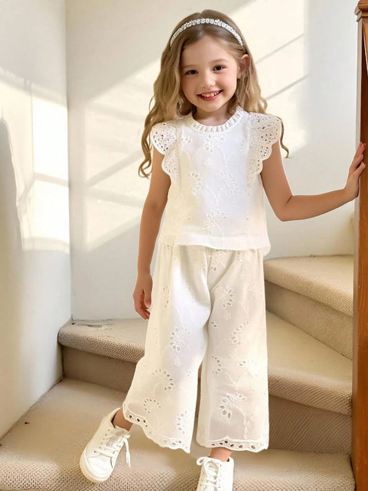 Mummy & Mee, Elladie kids Young Girl 2-Piece Set Simple Embroidered Fabric Blouse With Cap Sleeves & Ruffled Collar, Casual Straight-Leg Pants Apricot