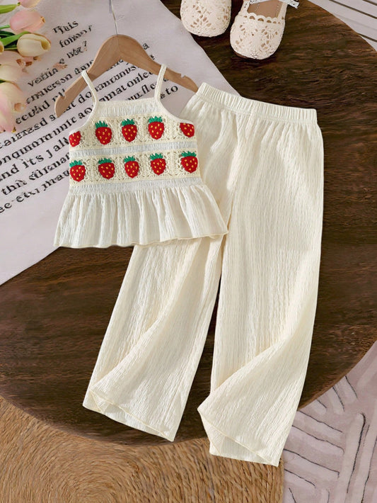 Mummy & Mee, Elladie kids Girls' Casual Resort 3D Floral Crochet Lace Trim Ruffle Camisole Top Paired With Elastic Waist Trousers Apricot