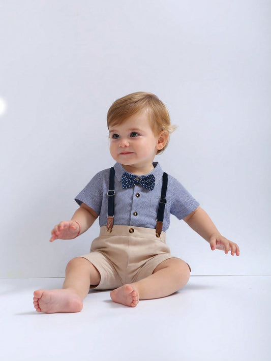 Mummy & Mee, BOARNSEORL 2pcs Baby Boys Gentleman Outfit - Striped Short Sleeve Shirt With Bow Tie And Khaki Pants