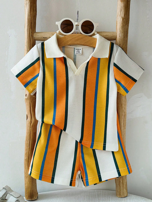 Baby Boy Retro Polo Collar Contrast Stripe Short Sleeve Outfit Set