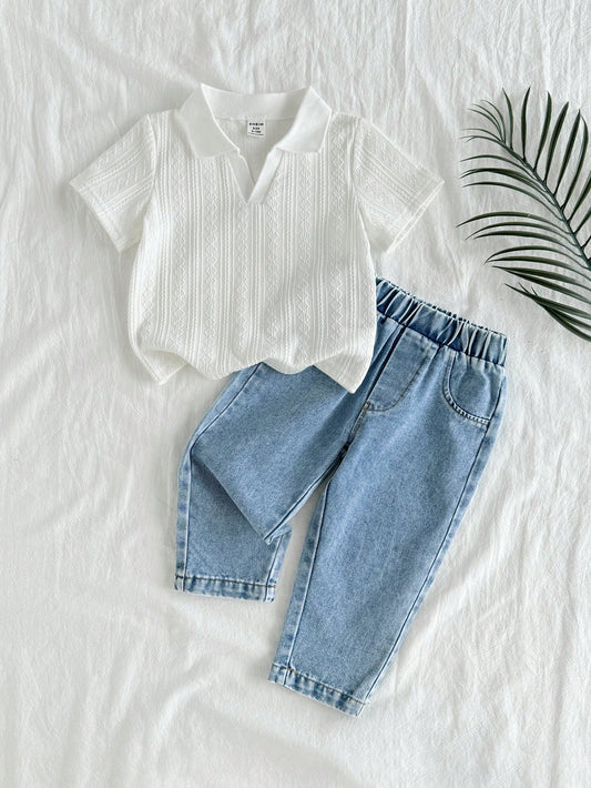 Baby Boy Striped Lapel Top And Washed Denim Pants Set