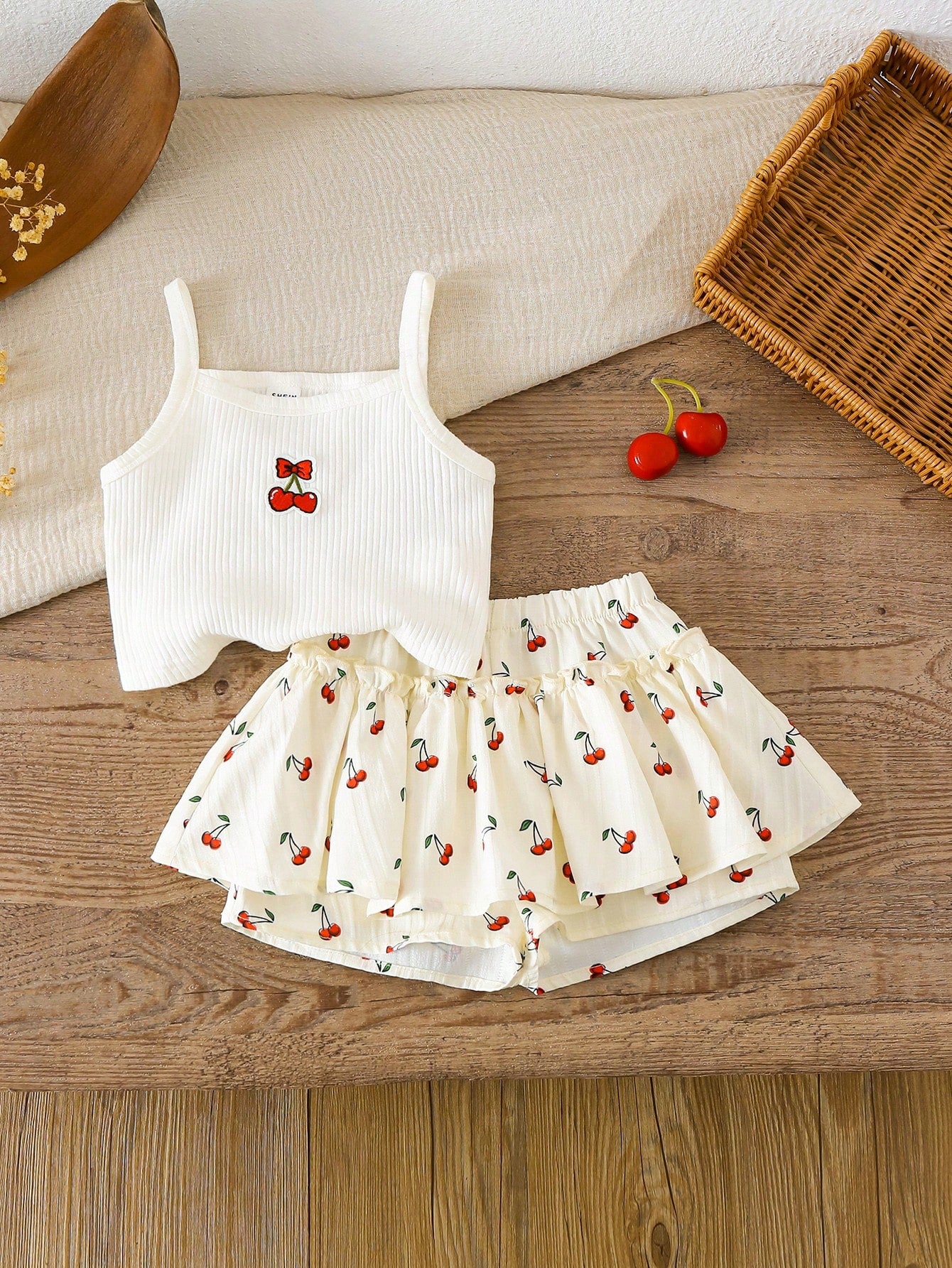 Baby Girl Cherry Knit Camisole Top And Skirt Shorts Set