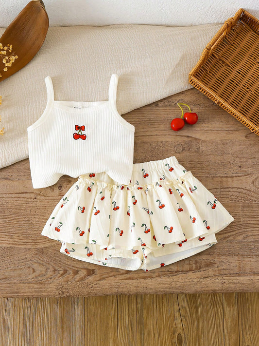 Baby Girl Cherry Knit Camisole Top And Skirt Shorts Set