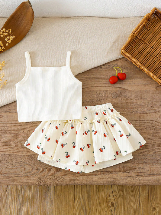 Mummy & Mee, LMoss Kids LMoss 2pcs Baby Girl Knit Solid Cherry Print Camisole Top And Woven Shorts Set