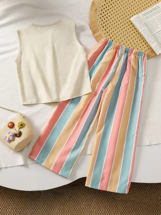Mummy & Mee, 2pcs/Set Fashionable Young Girl Embroidered Sleeveless Top + Striped Pants Sets