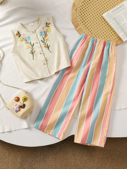 Mummy & Mee, 2pcs/Set Fashionable Young Girl Embroidered Sleeveless Top + Striped Pants Sets Apricot