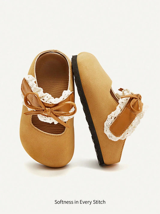 Mummy & Mee, Spring/Summer Fashion Versatile Brown Lace Trim Bow Decor Casual Girl Toddler Cute Loafer Flat