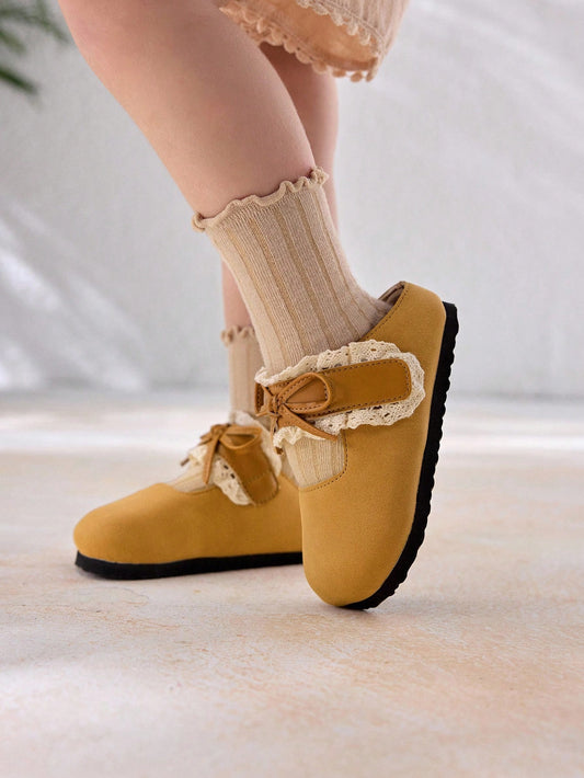 Mummy & Mee, Spring/Summer Fashion Versatile Brown Lace Trim Bow Decor Casual Girl Toddler Cute Loafer Flat