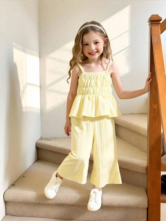 Mummy & Mee, Young Girl Summer Solid Color Ruffle Trim Camisole And Pants