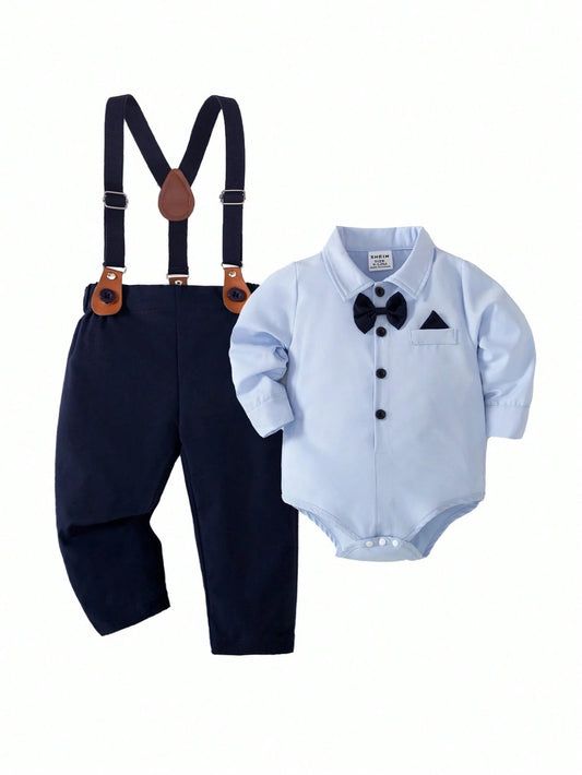 Mummy & Mee, 2pcs Infant Boys' Long Sleeve Bodysuit With Bow Tie Collar & Adjustable Bib Pants Set