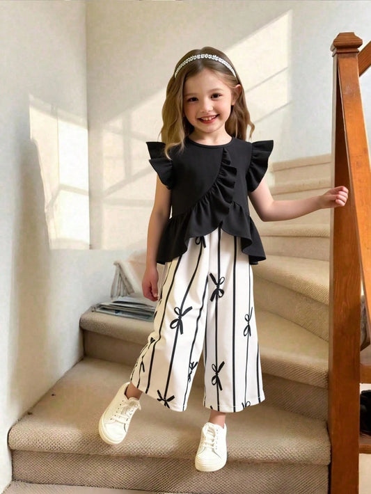 Mummy & Mee, Elladie kids Young Girls Cute Asymmetrical Hem Design & Bow Print Casual Pants Set Young Girl Two Piece Black