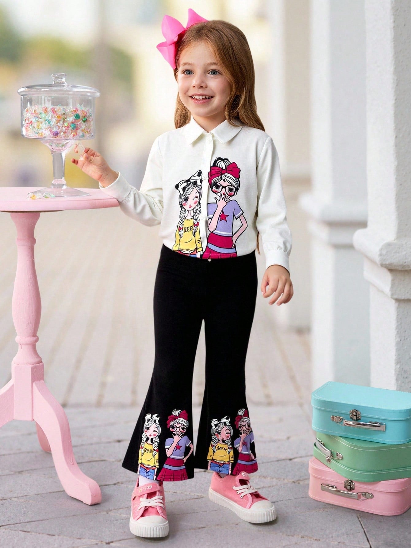 Young Girl Cartoon Pattern Collared Shirt And Pants Set