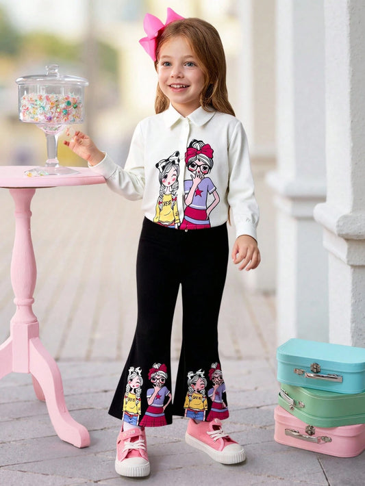 Mummy & Mee, Young Girl Casual Comfortable Cartoon Pattern Collared Shirt And Pants Set White & Black