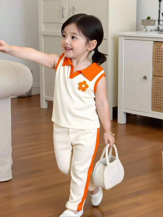 Mummy & Mee, Casuvi Kids Girls Everyday Casual Beige Ribbed Camisole Top With Collar And Long Pants Co-Ords Orange