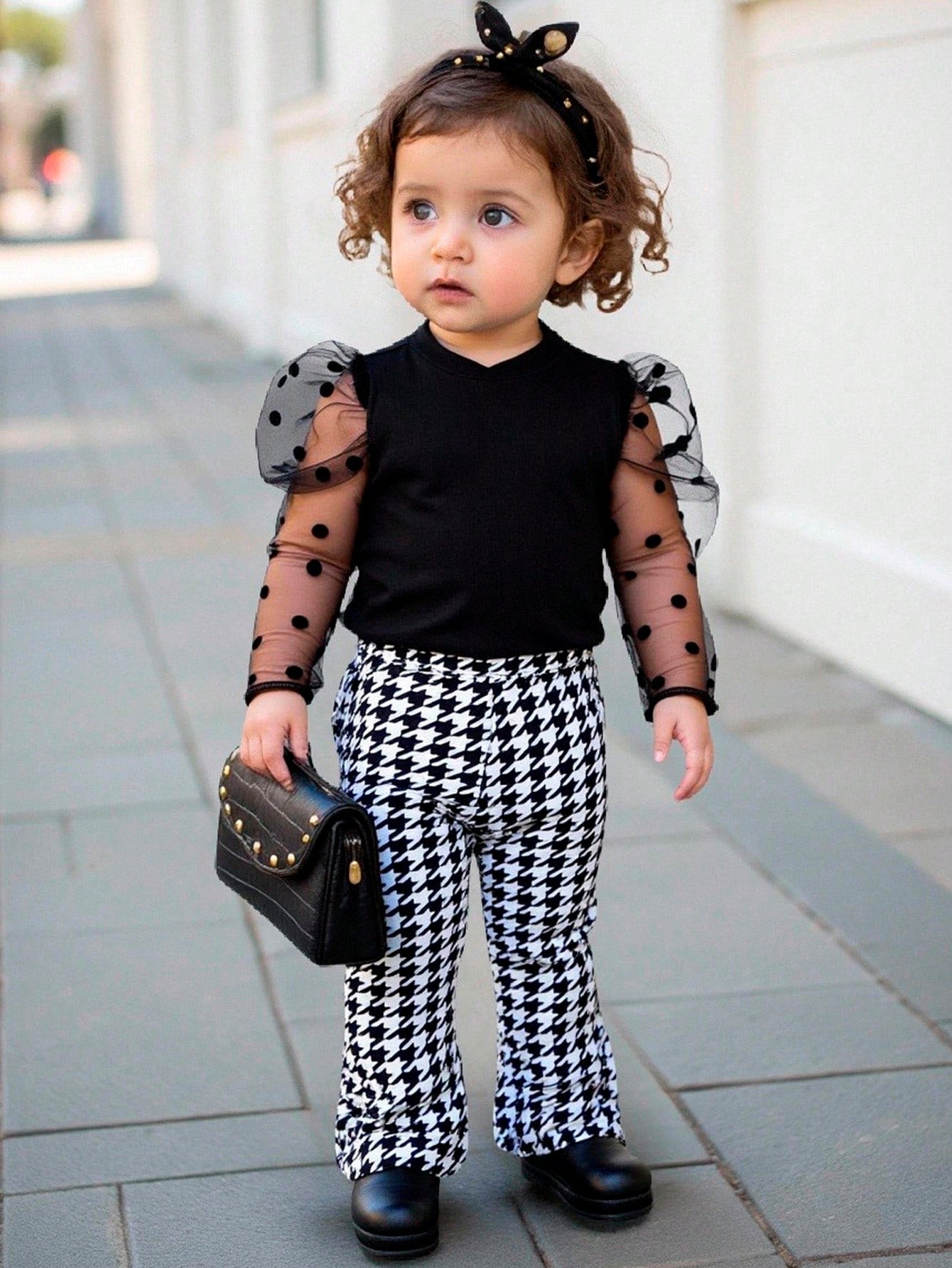 Baby Girl Polka Dot Mesh Top And Houndstooth Flare Pants Set