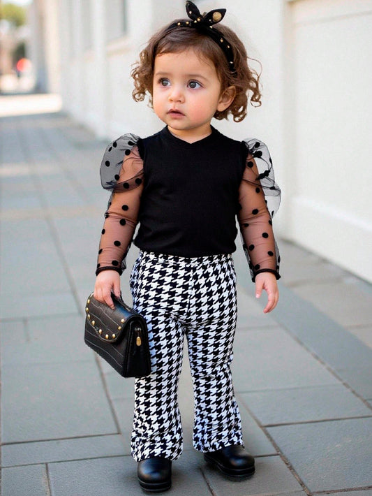 Baby Girl Polka Dot Mesh Top And Houndstooth Flare Pants Set