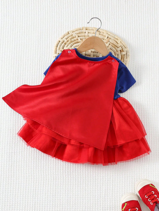 Mummy & Mee, SUPERMAN X Cozy Pixies 2pcs Baby Girl Superhero Pattern Knit Soft Round Neck Short Sleeve Waist Dress
