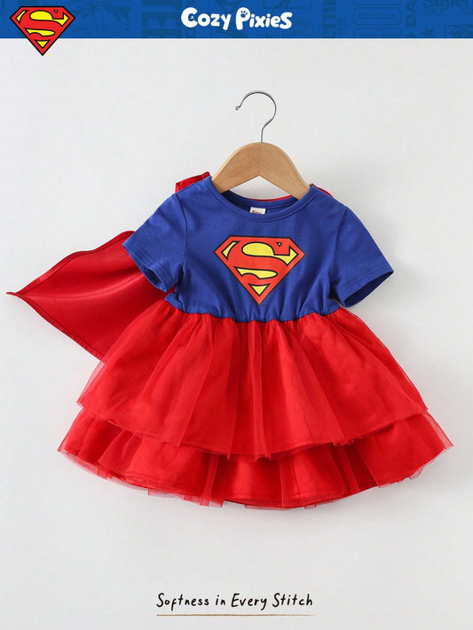 Mummy & Mee, SUPERMAN X Cozy Pixies 2pcs Baby Girl Superhero Pattern Knit Soft Round Neck Short Sleeve Waist Dress