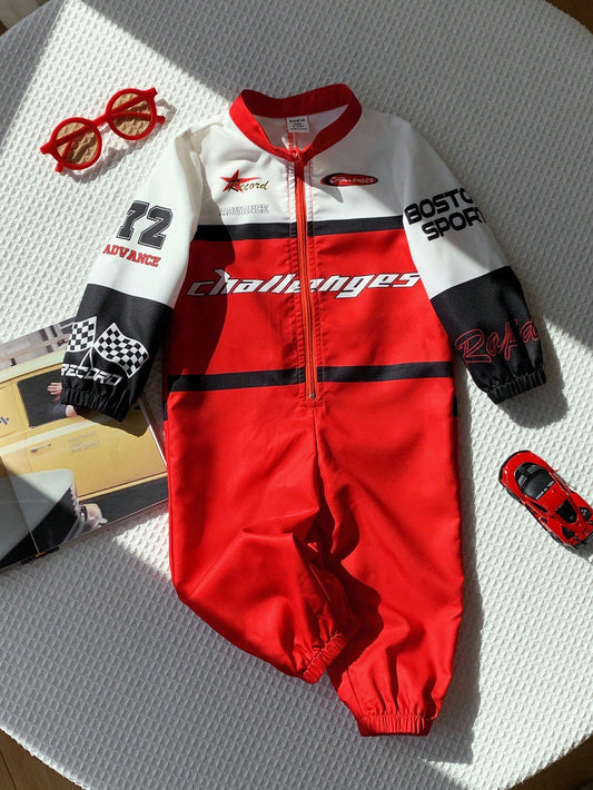 Boy Motorcycle Racing Jumpsuit,Red And White Stripe,Summer,Street