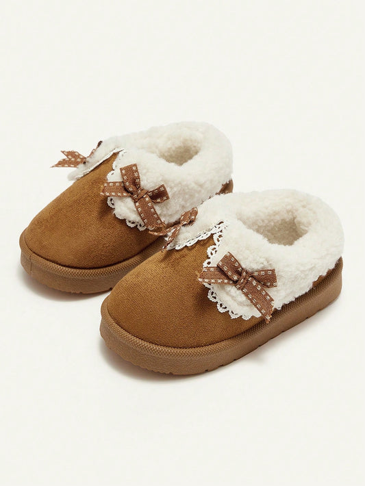 Pixies 1 Pair Toddler Girls' Bow Decor Flat Comfortable Plush Lined Casual Slippers