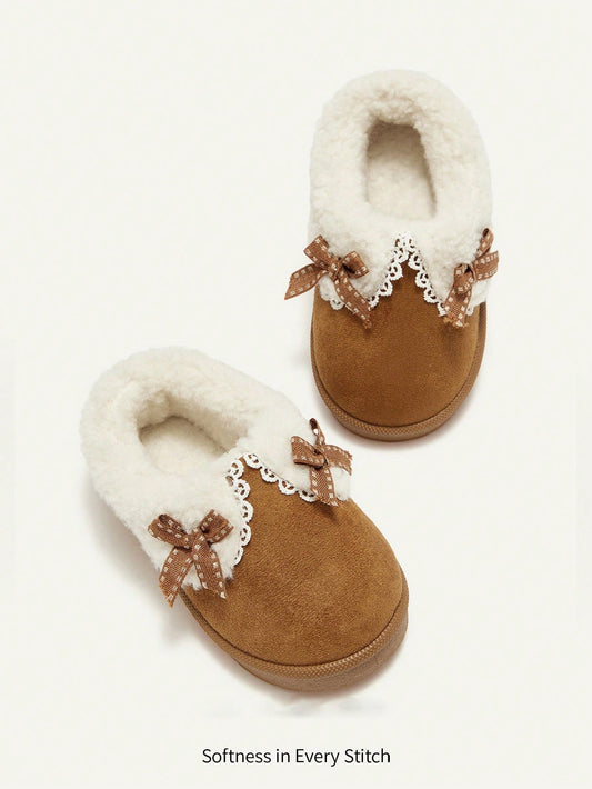 Pixies 1 Pair Toddler Girls' Bow Decor Flat Comfortable Plush Lined Casual Slippers