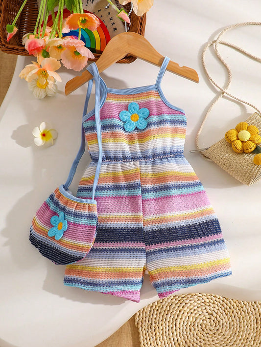 Mummy & Mee, Baby Girls' Casual Vacation Style, Floral Striped Strap Romper With Bag