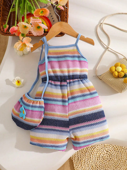Mummy & Mee, Baby Girls' Casual Vacation Style, Floral Striped Strap Romper With Bag