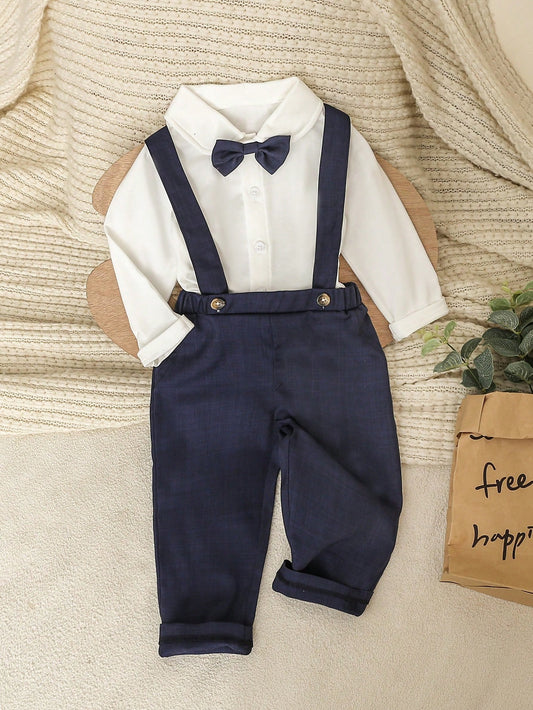 Mummy & Mee, 2pcs Set Baby Boys Cute Formal Outfit, White Long Sleeve Collared Shirt With Bowknot & Pants