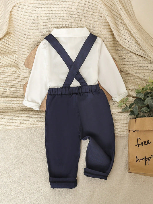 Mummy & Mee, 2pcs Set Baby Boys Cute Formal Outfit, White Long Sleeve Collared Shirt With Bowknot & Pants