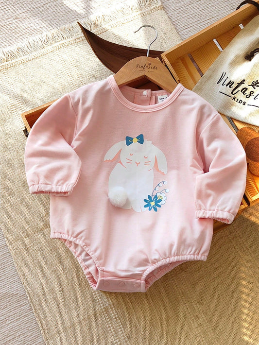 Mummy & Mee, Vintaside Kids Baby Girl Little Flower & Cartoon Rabbit Digital Print 3D Pom-Pom Bodysuit