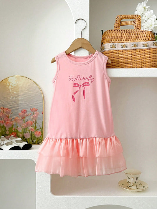 Mummy & Mee, Humor Bear Young Girl Casual Fashion Organza Letter Bow Print Sleeveless Pink