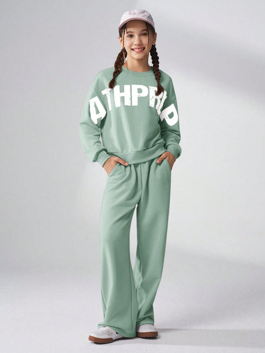 Tween Girls 2pcs Outfit, Loose Fit Crew Neck Long Sleeve Graphic Letter Print Sweatshirt
