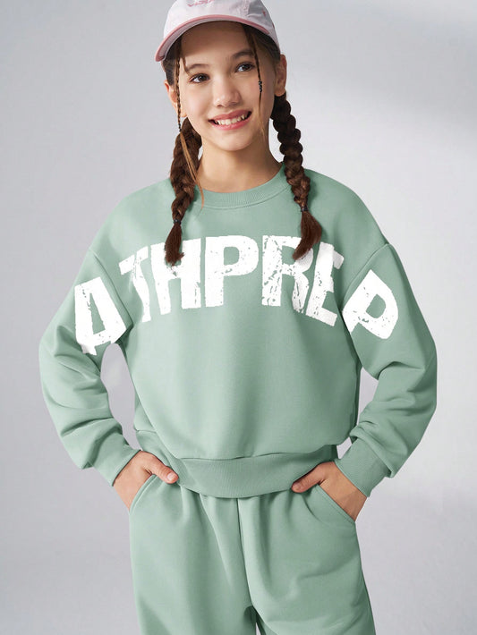 Tween Girls 2pcs Outfit, Loose Fit Crew Neck Long Sleeve Graphic Letter Print Sweatshirt
