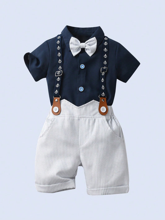 Mummy & Mee, BOARNSEORL 2pcs Young Boys Gentleman Outfit - Navy Blue Short Sleeve Shirt With Bow Tie