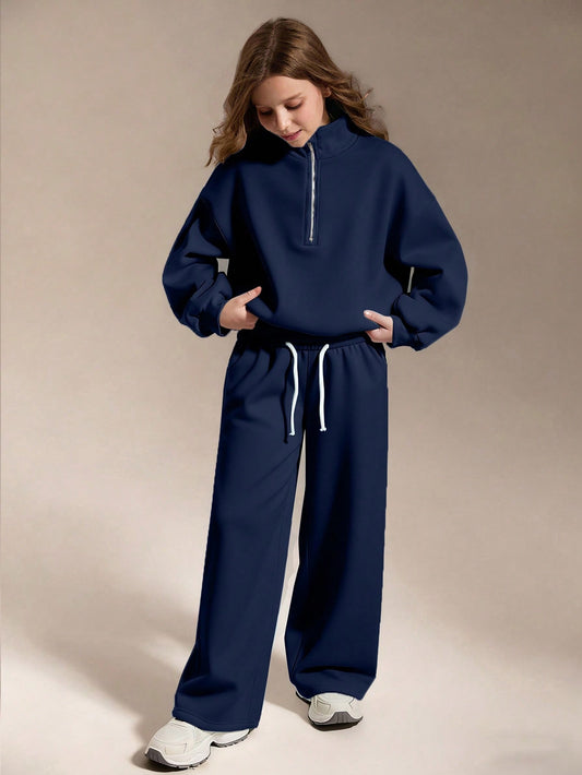 Tween Girls 2pcs/Set Round Neck Quarter Zip Oversized Sweatshirt