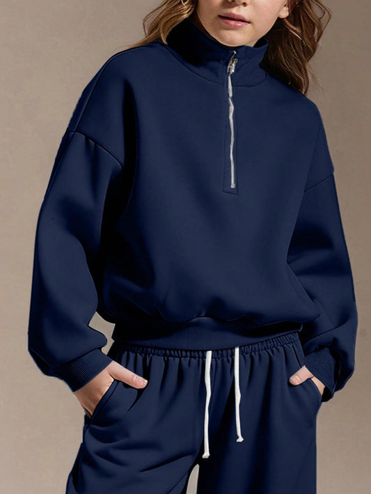 Tween Girls 2pcs/Set Round Neck Quarter Zip Oversized Sweatshirt