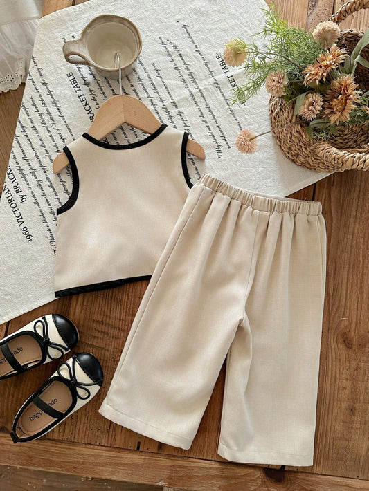 Mummy & Mee, Cute Baby Girl Knitted Solid Color Sleeveless Pullover Top And Skirt Set