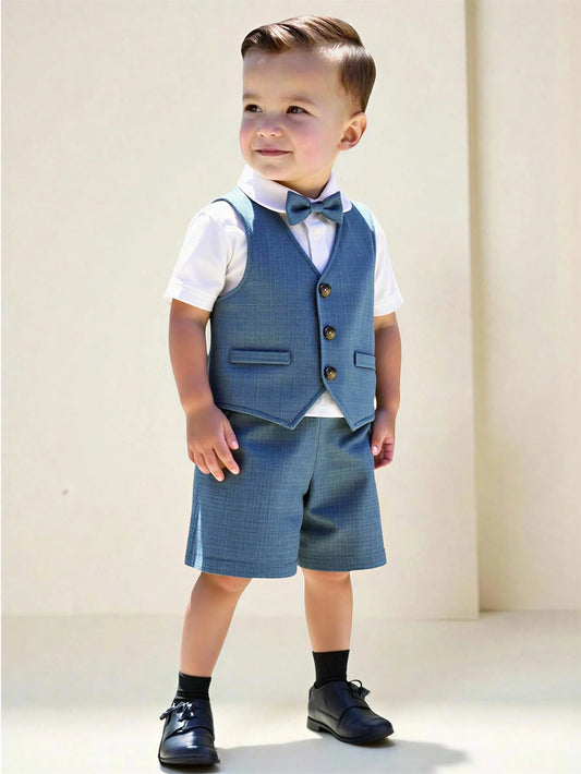 Mummy & Mee, 3pcs Baby Boy Elegant Formal Gentleman Outfit: White Knit Polo Shirt With Bow Tie