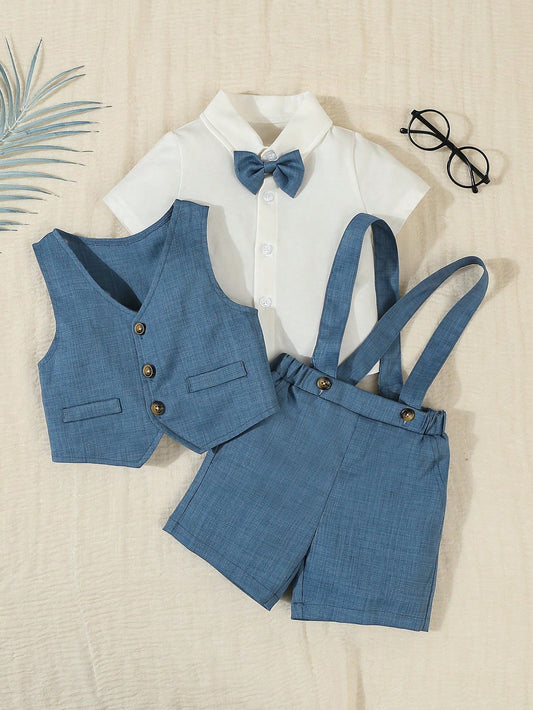 Mummy & Mee, 3pcs Baby Boy Elegant Formal Gentleman Outfit: White Knit Polo Shirt With Bow Tie