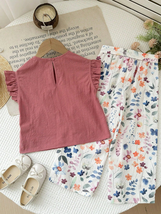 Mummy & Mee, Emery Rose Kids Emery Rose Kids 2pcs Young Girl Ditsy Floral Casual Shirt And Pants Set Pink