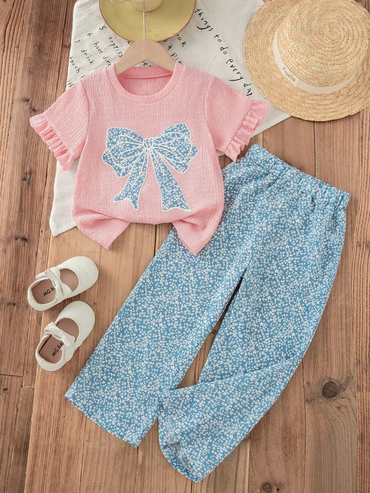 Mummy & Mee, Elladie kids 2pcs/Set Toddler Girls' Summer Korean Style Textured Knit Bow Applique Embroidered Ruffle Sleeve Solid Tee And Ditsy Floral Relaxed Pants