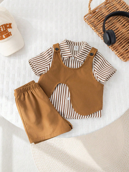 Mummy & Mee, 3pcs Baby Boy Preppy Style Outfit Set: Striped Shirt, Khaki Shorts, Suspender Pants, Bow Tie