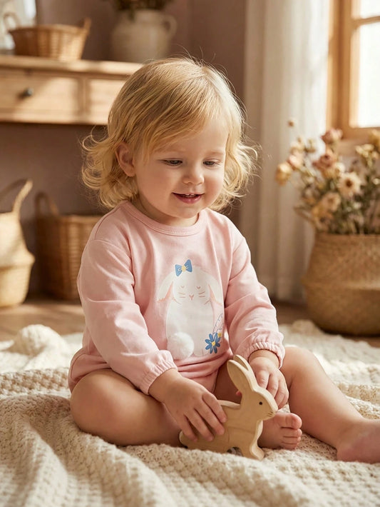 Mummy & Mee, Vintaside Kids Baby Girl Little Flower & Cartoon Rabbit Digital Print 3D Pom-Pom Bodysuit